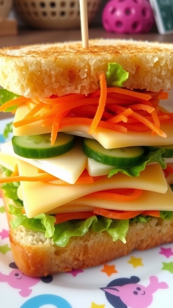 A colorful cheese sandwich with cucumbers and carrots on a vibrant plate.
